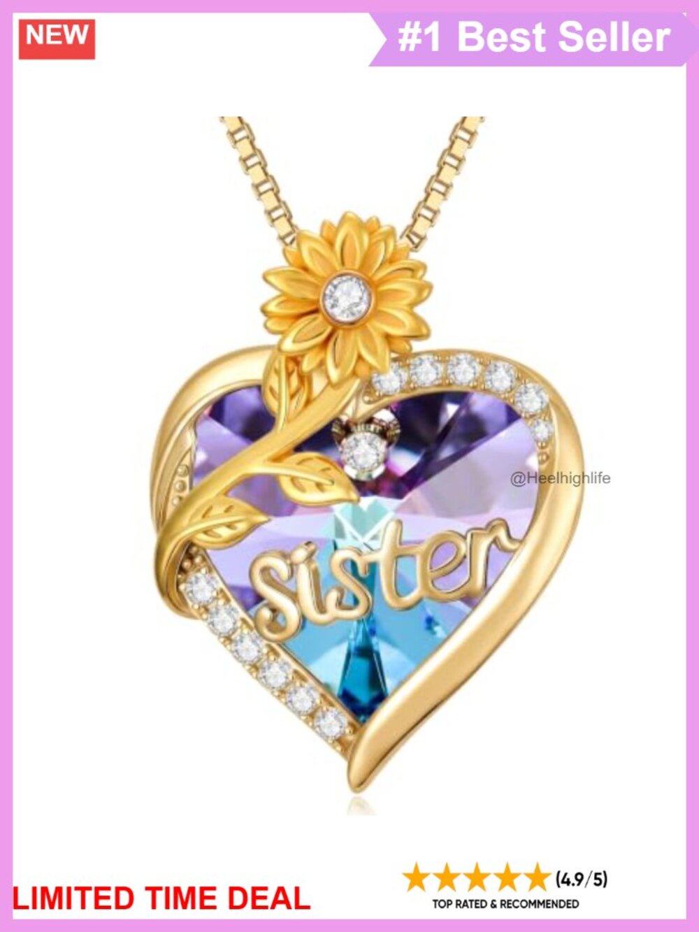 14K Gold Plated Heart Sunflower Pendant Necklace, 18in Cable Chain, Love Theme